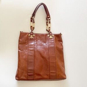 Tory Burch NicoTote Bag Satchel Leather Large Designer Minimalist Classic Brown